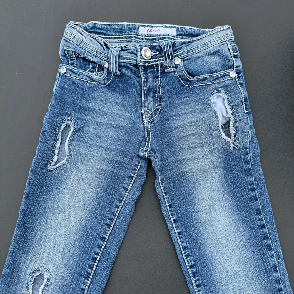 Yaso Skinny Jeans Girls Size 10 Blue Distressed Rhinestone Embellished